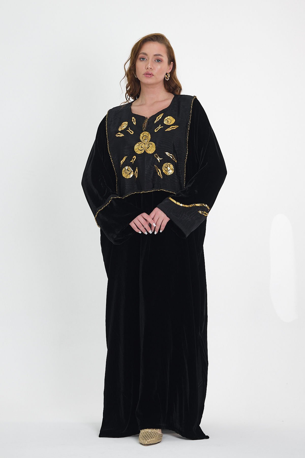 Silk Velvet Black Color Dress - Silk Fabric with Gold-Plated Embroidery