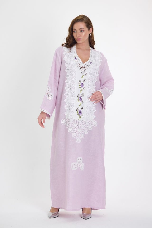 Lilac Linen Antique Fabric and Lace Embroidered Dress