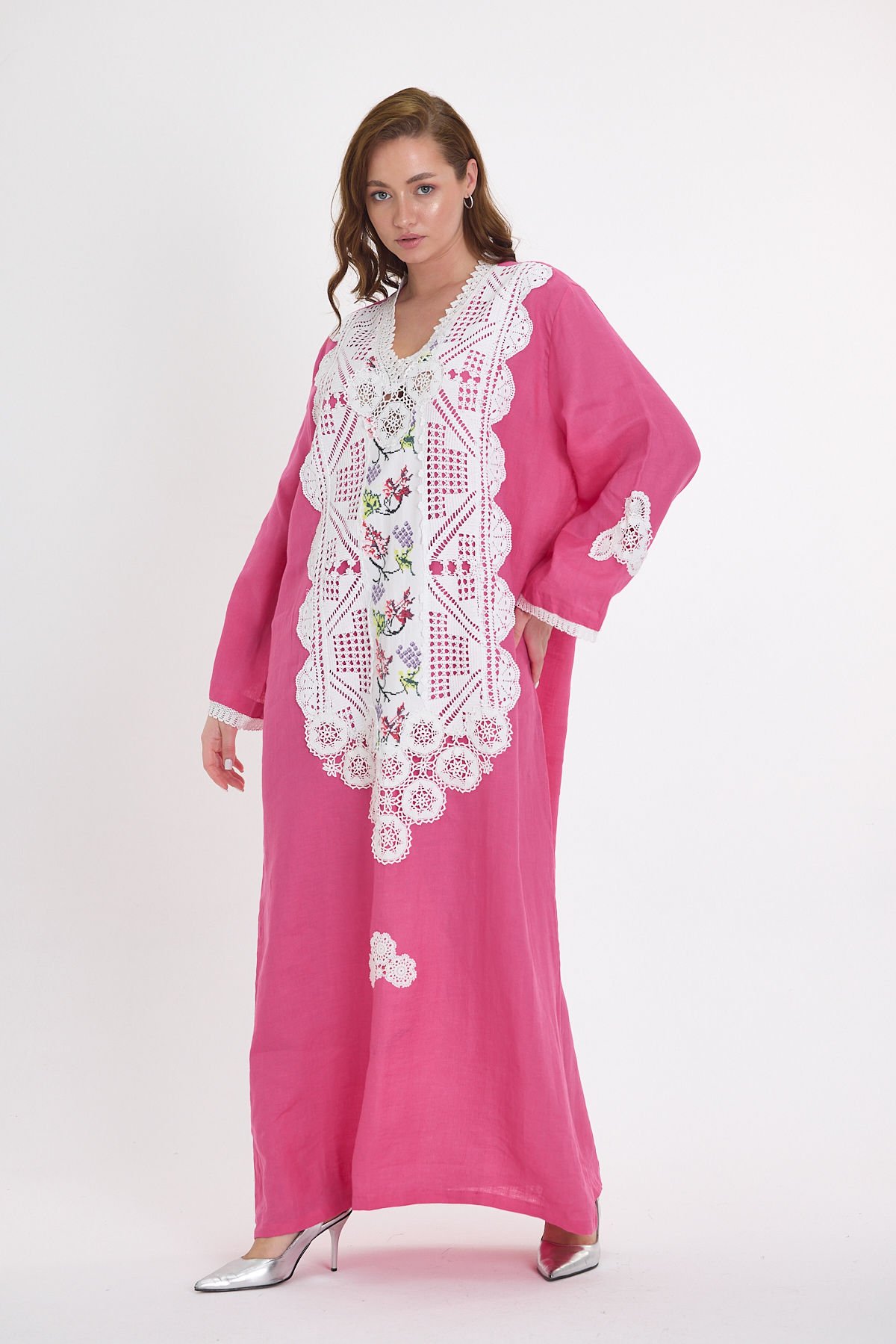 Pink Linen Antique Fabric and Lace Embroidered Dress