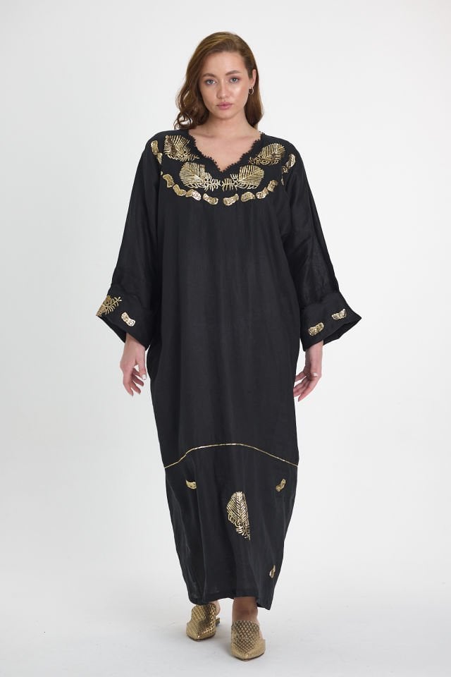 Silk and Sarma Black Linen Fabric Dress with Gold Plated Silver Thread Embroidery