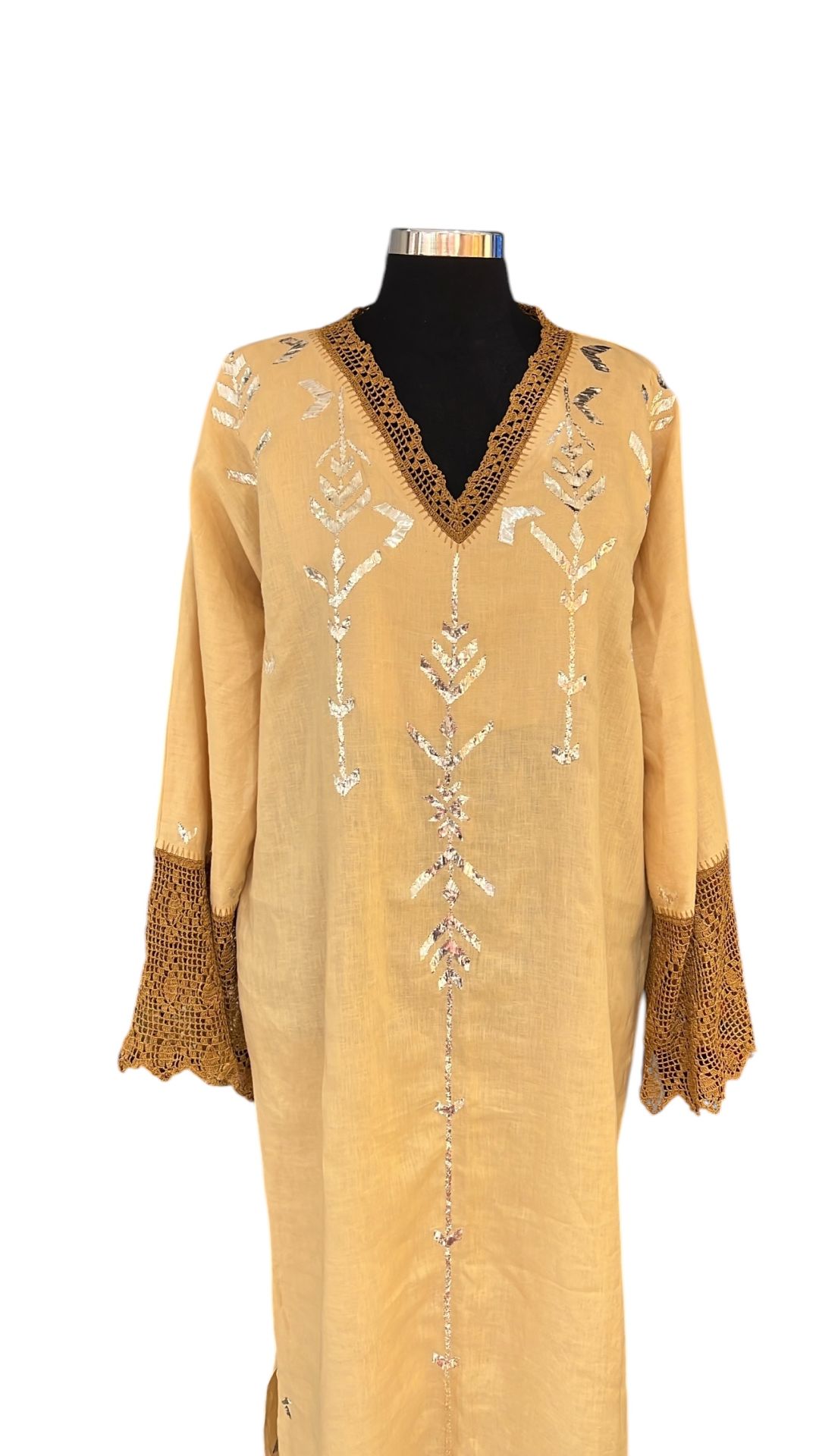 Champagne Color Crochet and Sarma with Silver Thread Special Design Handmade Dress