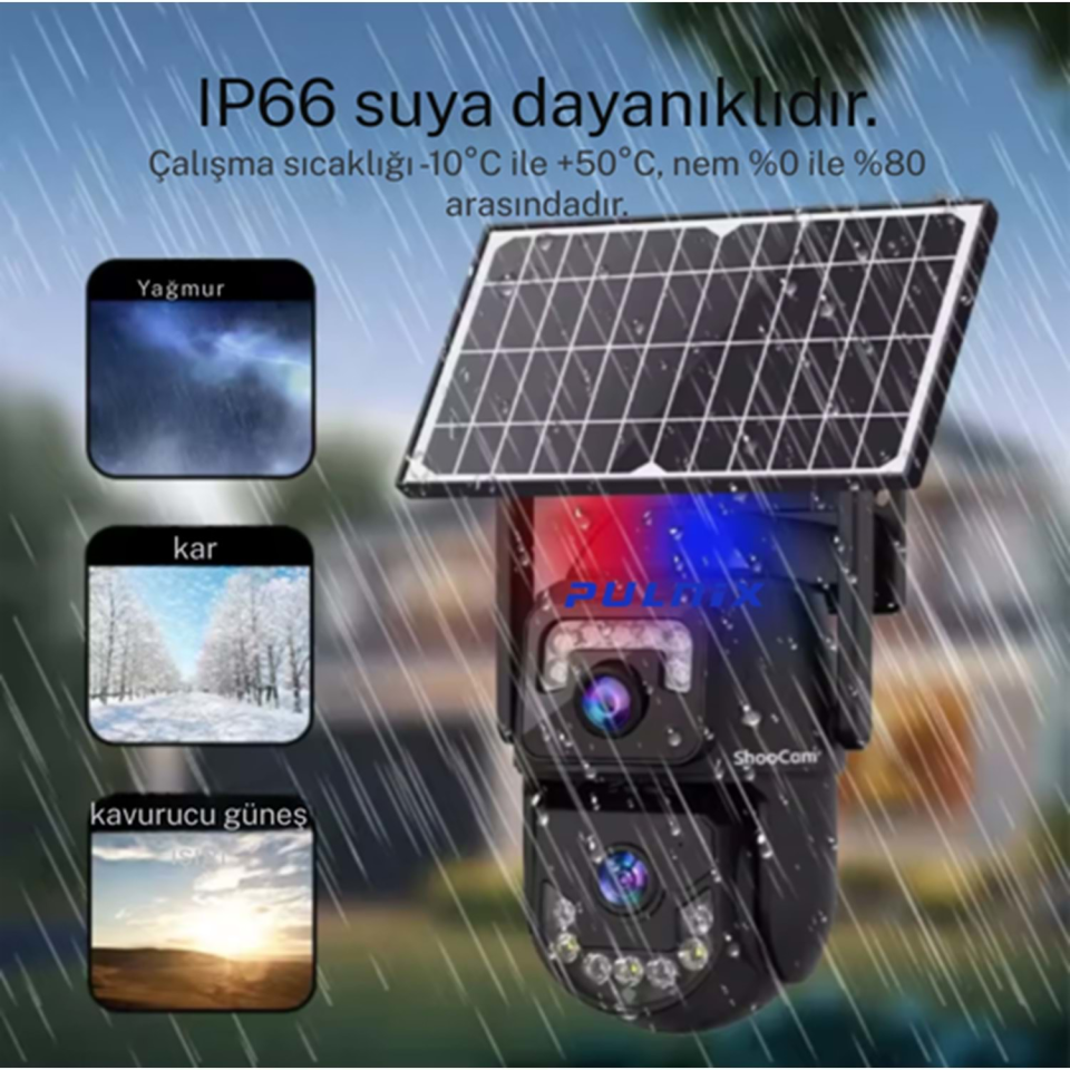 Pulnix 4014 Wifi 3MP Çift Kameralı V380 Güneş Panelli Kamera