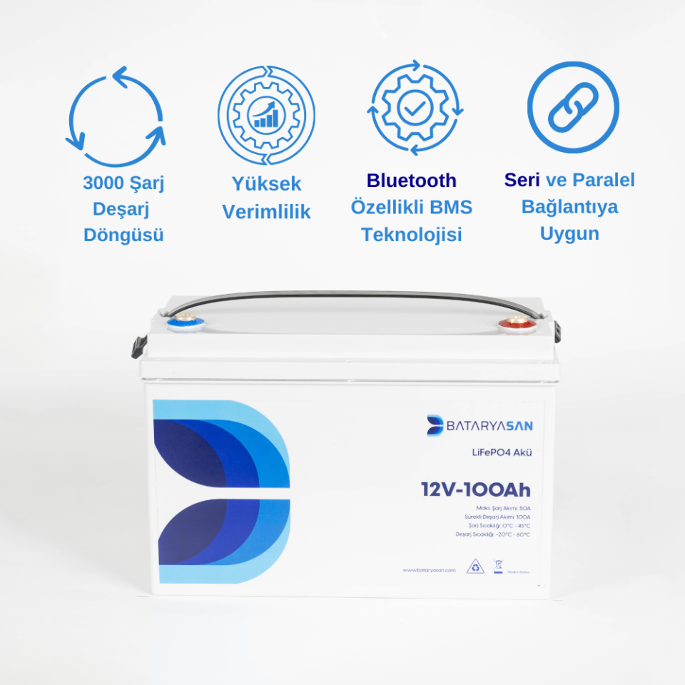 BATARYASAN 12V 100Ah Bluetooth Özellikli Lityum(LiFePO4) Akü