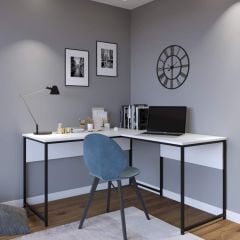 L Tasarım Siyah Demirli Çalışma Masası Beyaz 160*60*72 cm