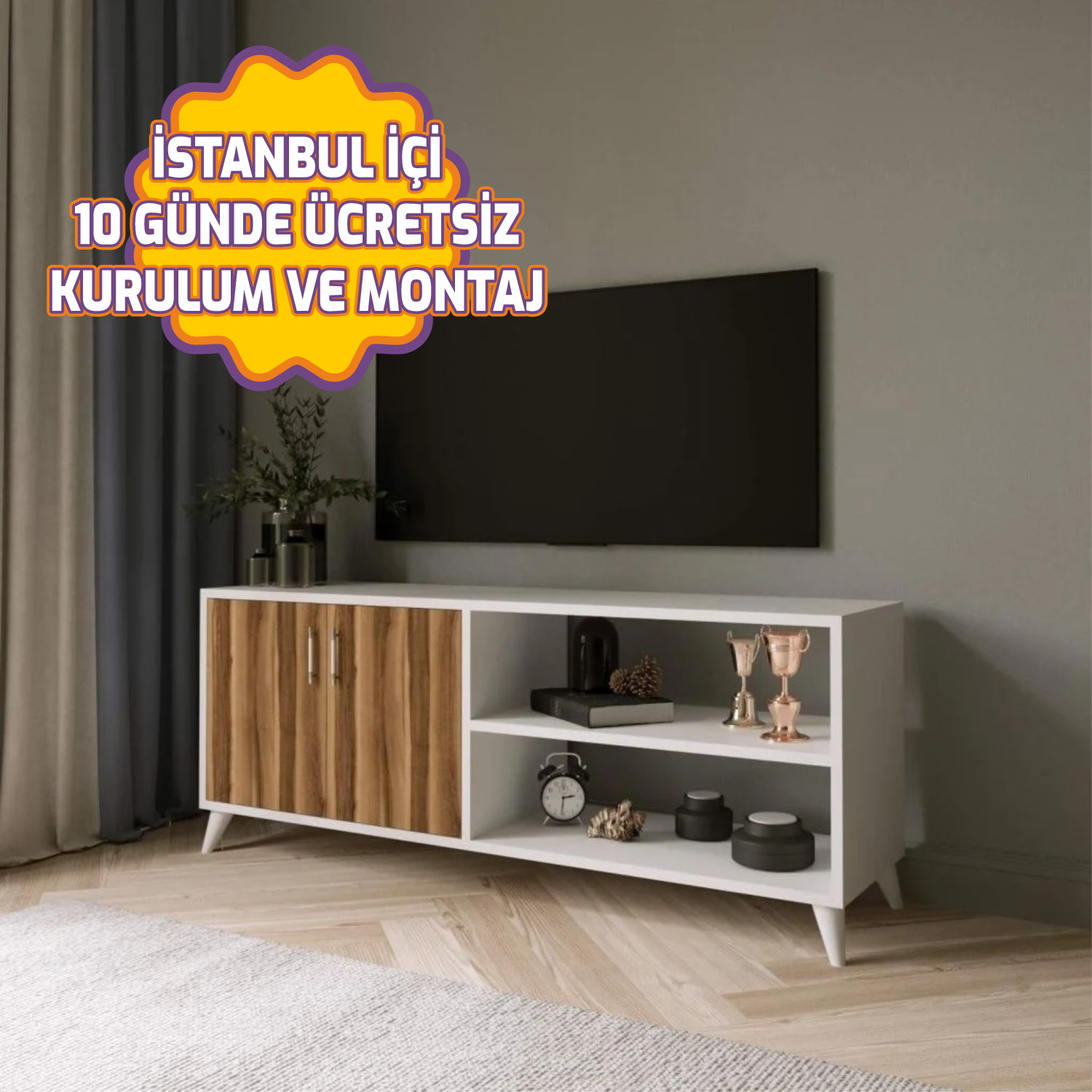 Güner Tv Sehpa Yerli Ceviz Beyaz 150*70*40 cm