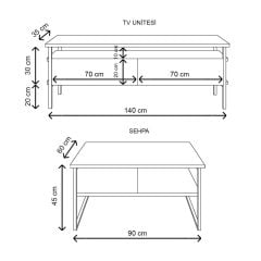 Burak Tv Sehpa Orta Sehpa 140*50*35 / 90*45*60 cm
