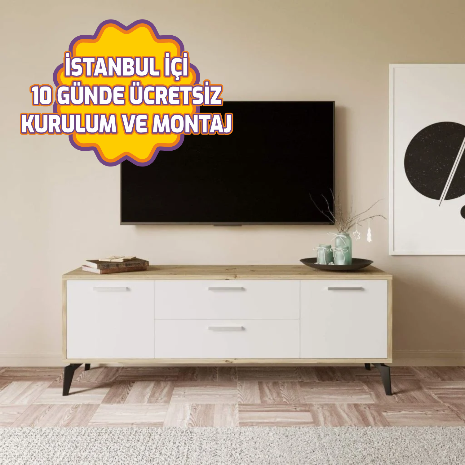 Sude Tv Sehpa Keçe Meşe Beyaz 150*55*40 cm