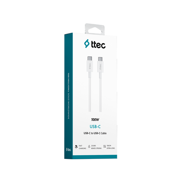 Ttec 2DK49B USB-C - USB-C 150cm 100W PD/QC Hızlı Şarj/Data Kablosu Beyaz