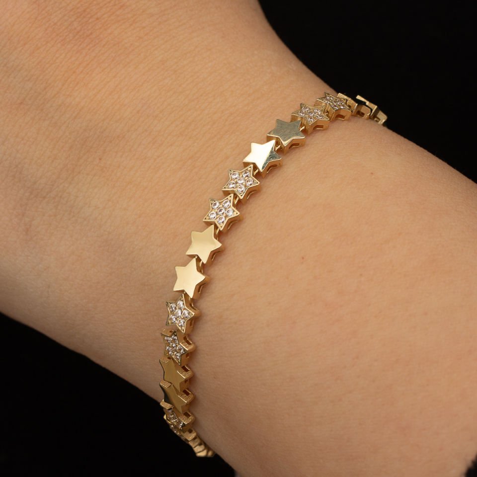 Taşlı Yıldız Detaylı Altın Bileklik