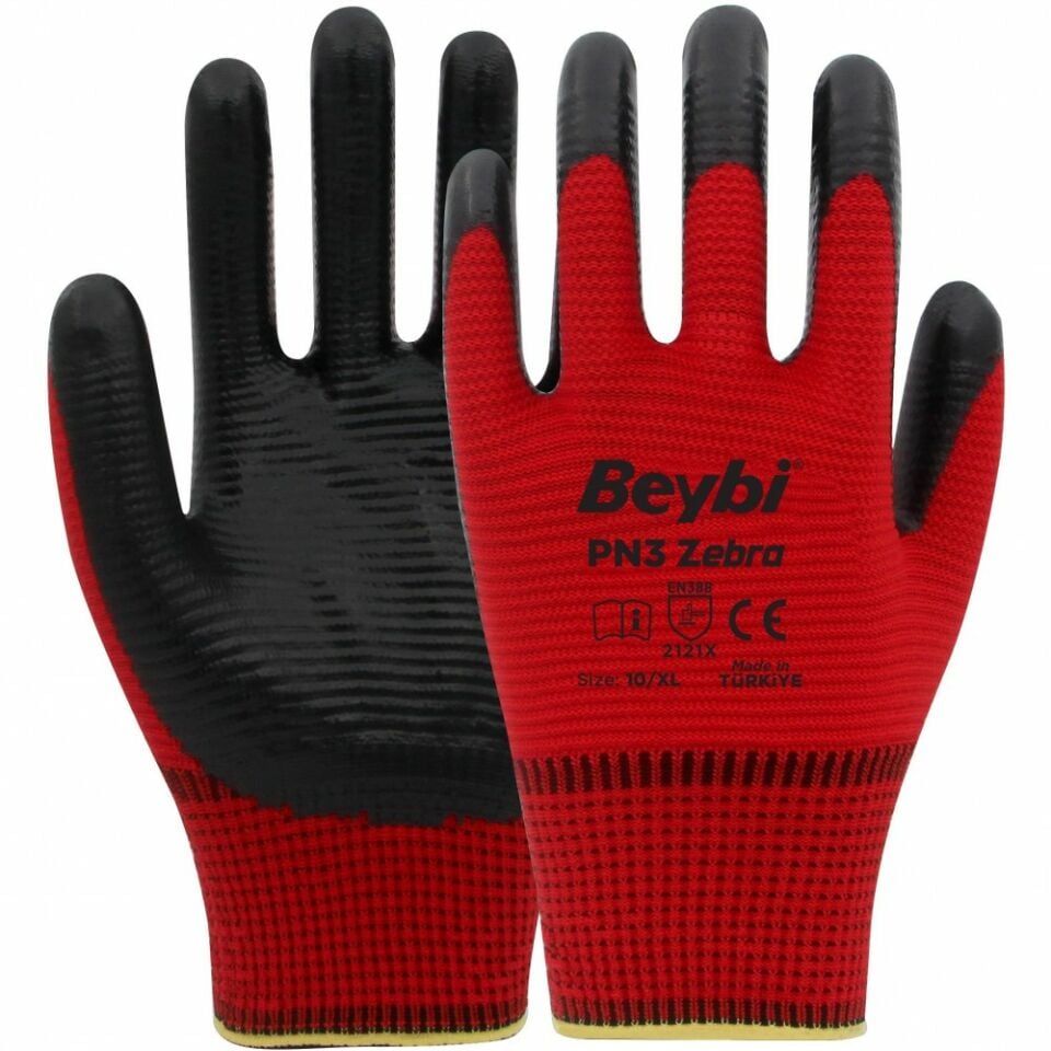 Beybi Pn-3 Zebra Polyester Kırmızı-Siyah Astarlı Nitril Eldiven NO:10