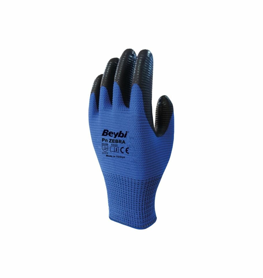 Beybi Pn-3 Zebra Polyester Mavi-Siyah Astarlı Nitril Eldiven No:10