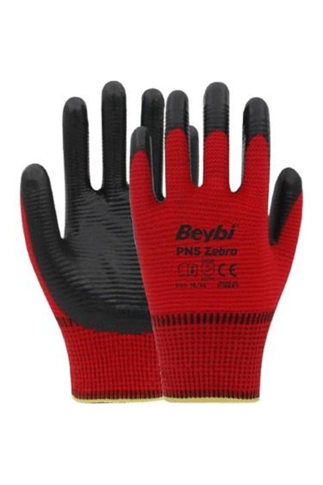 Beybi Pn-5 Zebra Polyester Astarlı Nitril Eldiven Kırmızı-Siyah No:10