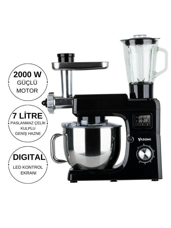 Yasomi Sm 1511bml Led Ekranlı Kıyma Çekme Aparatlı Blender Stand Mikser Mutfak Şefi (Siyah)