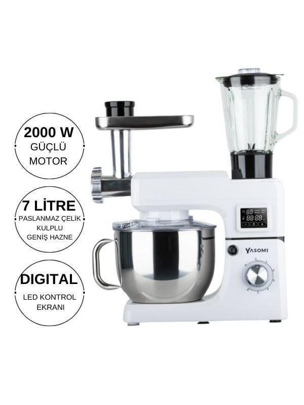 Yasomi Sm 1511bml Led Ekranlı Kıyma Çekme Aparatlı Blender Stand Mikser Mutfak Şefi (Beyaz)