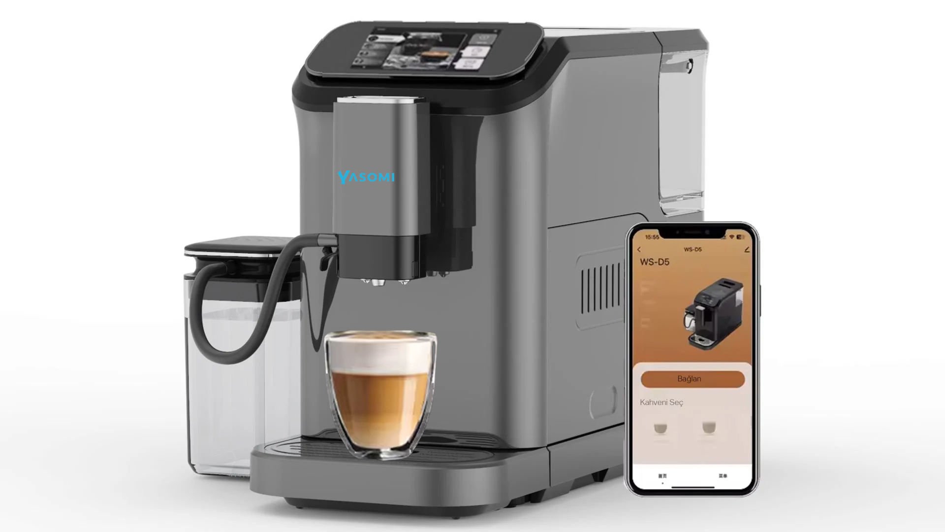 Yasomi Brewsta WS-D5 Çelik Kahve Öğütücülü, Süt Köpürtücülü, Dokunmatik Ekranlı Full Otomatik Espresso Makinesi (Gri)