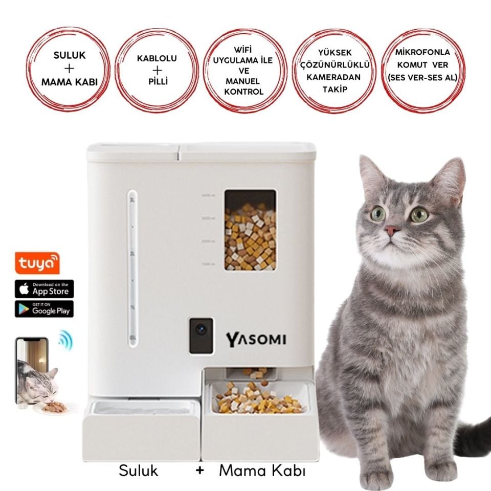 Yasomi DU-F03V SmartPaw+ 2si1 Arada 4L/5L Kapasiteli Pilli/Kablolu Akıllı Otomatik Mama ve Su Kabı (Beyaz)