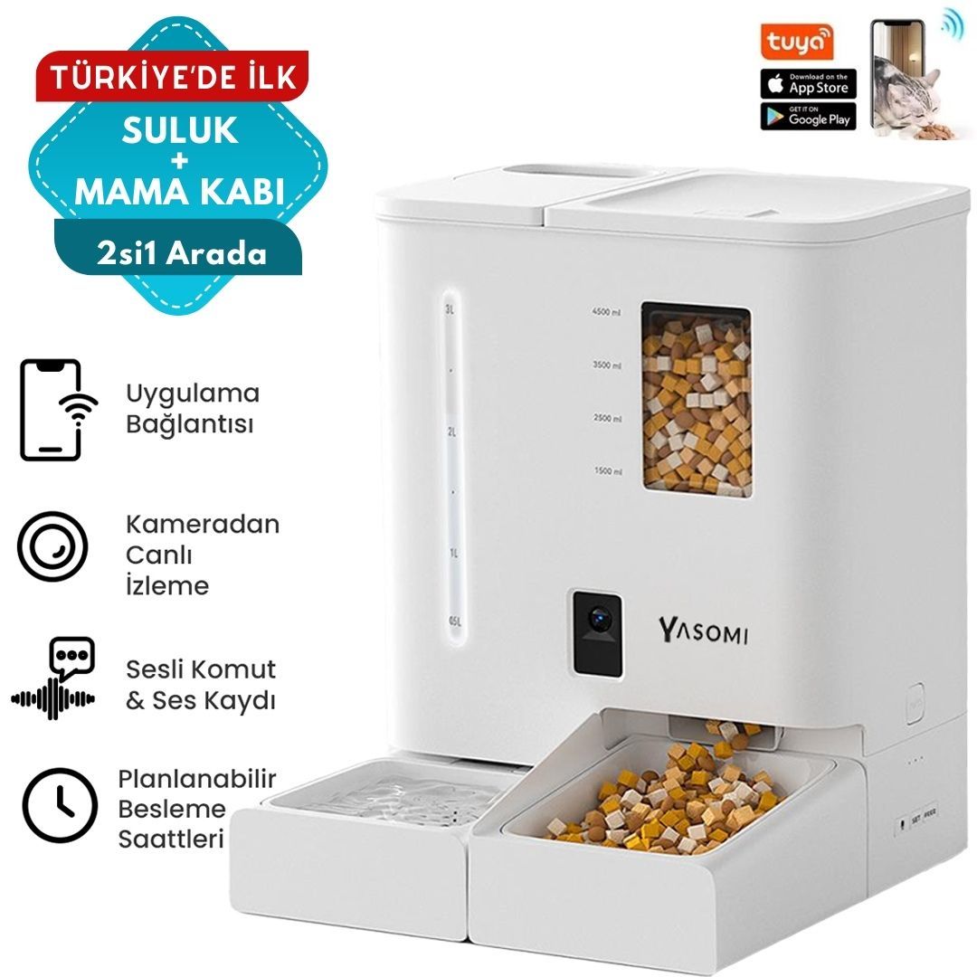 Yasomi DU-F03V SmartPaw+ 2si1 Arada 4L/5L Kapasiteli Pilli/Kablolu Akıllı Otomatik Mama ve Su Kabı (Beyaz)