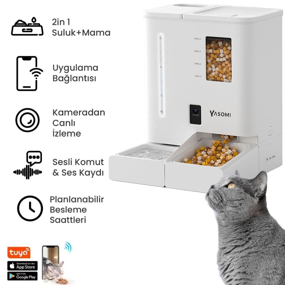 Yasomi DU-F03V SmartPaw+ 2si1 Arada 4L/5L Kapasiteli Pilli/Kablolu Akıllı Otomatik Mama ve Su Kabı (Beyaz)