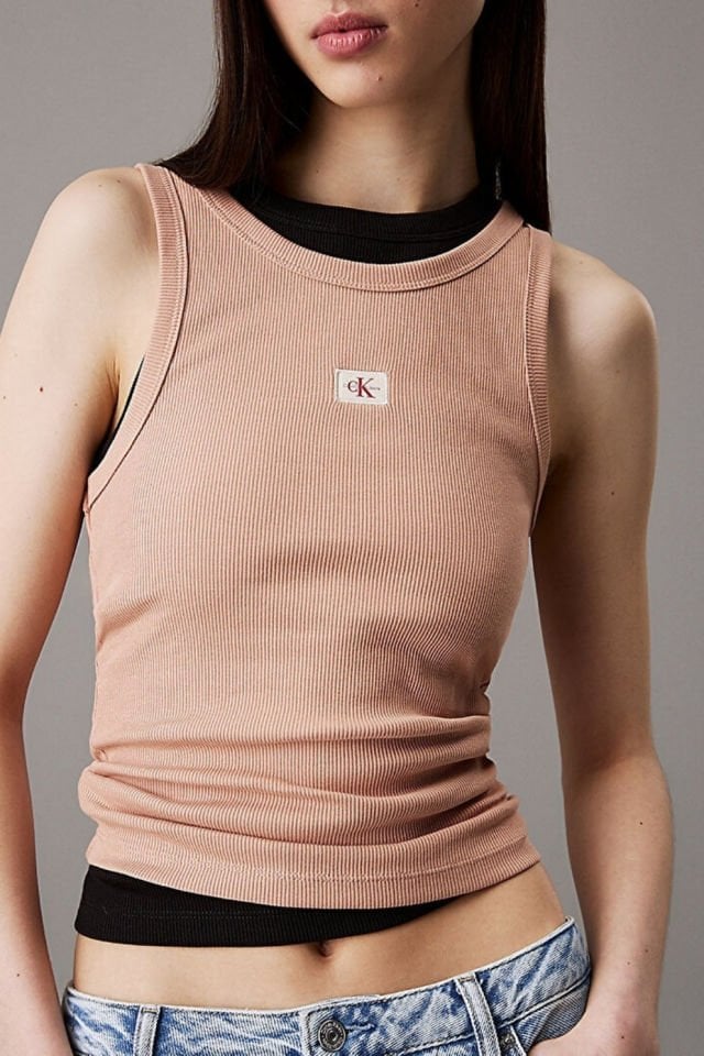 Calvin Klein Kadın Woven Label Rib Tank Top Pembe