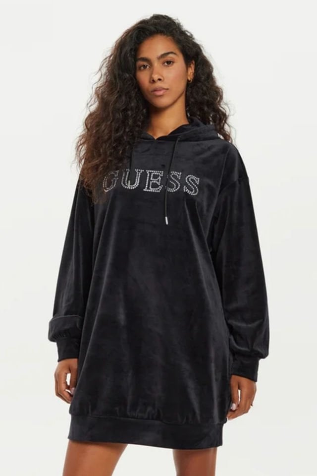 Guess Uzun Kadife Sweat Elbise Siyah