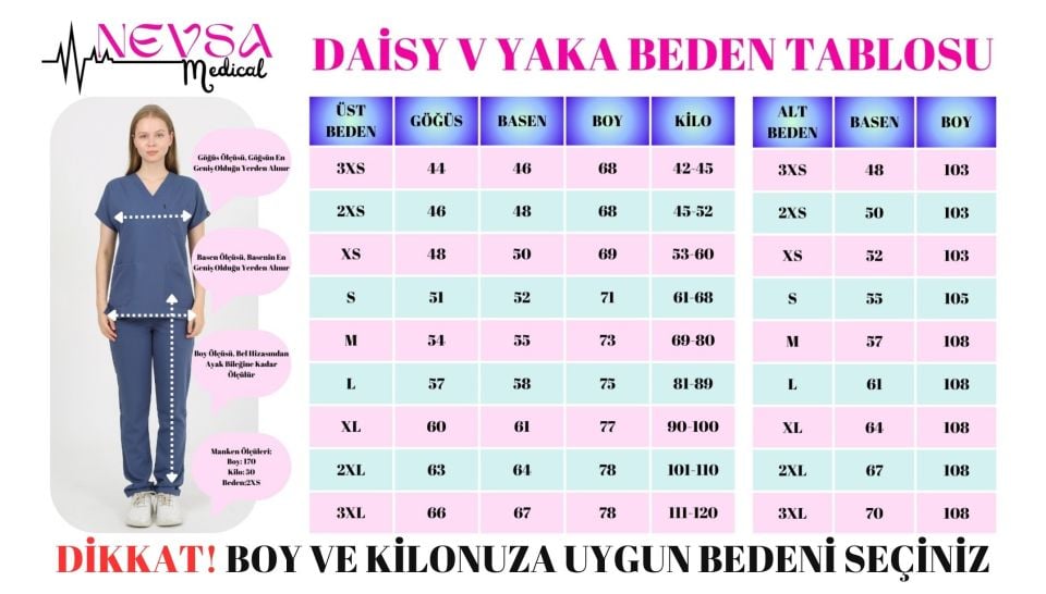 DAİSY V Yaka Beyaz Unisex Uniforma (Likralı)