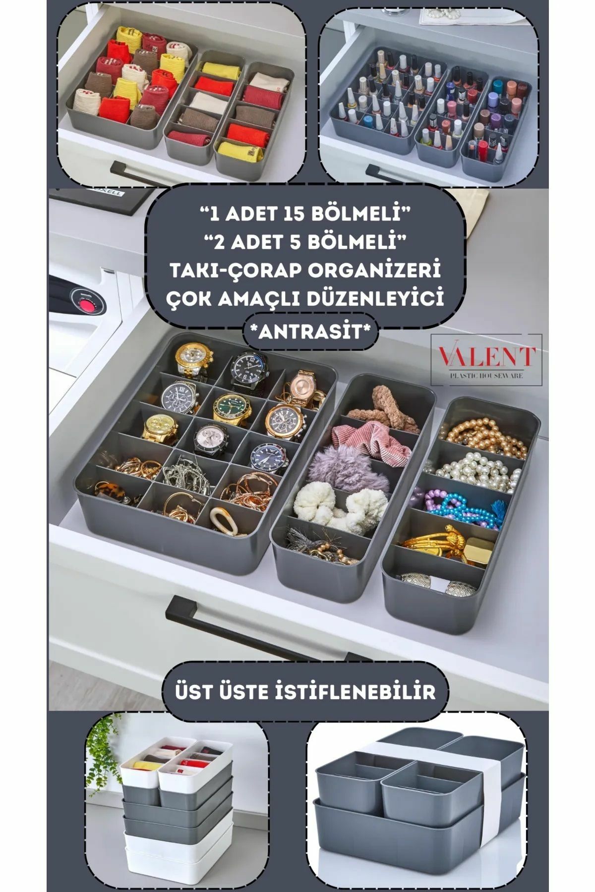 3'lü Set Bölmeli Makyaj Takı Organizer, Banyo Mutfak Düzenleyici 1x15 gözlü, 2x5 gözlü Antrasit