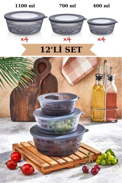 12'li Set Çok Amaçlı 400ml Yuvarlak Saklama Kabı, Mikrodalga, Kahvaltılık, Çerezlik