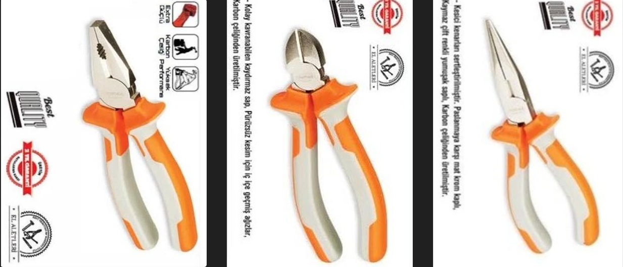 Üçü bir arada pense seti, Pense 160 mm, Yan keski 160 mm, Karaburun 160 mm