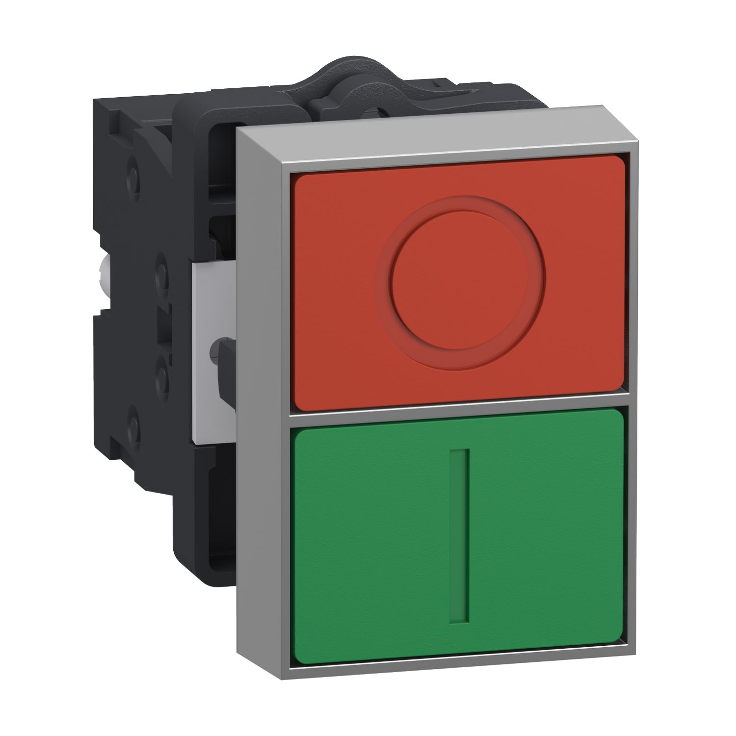 Schneider XA2EA7A3415 Double head pushbutton, plastic, flush push, green with ''I'' marking, red with ''O'' marking