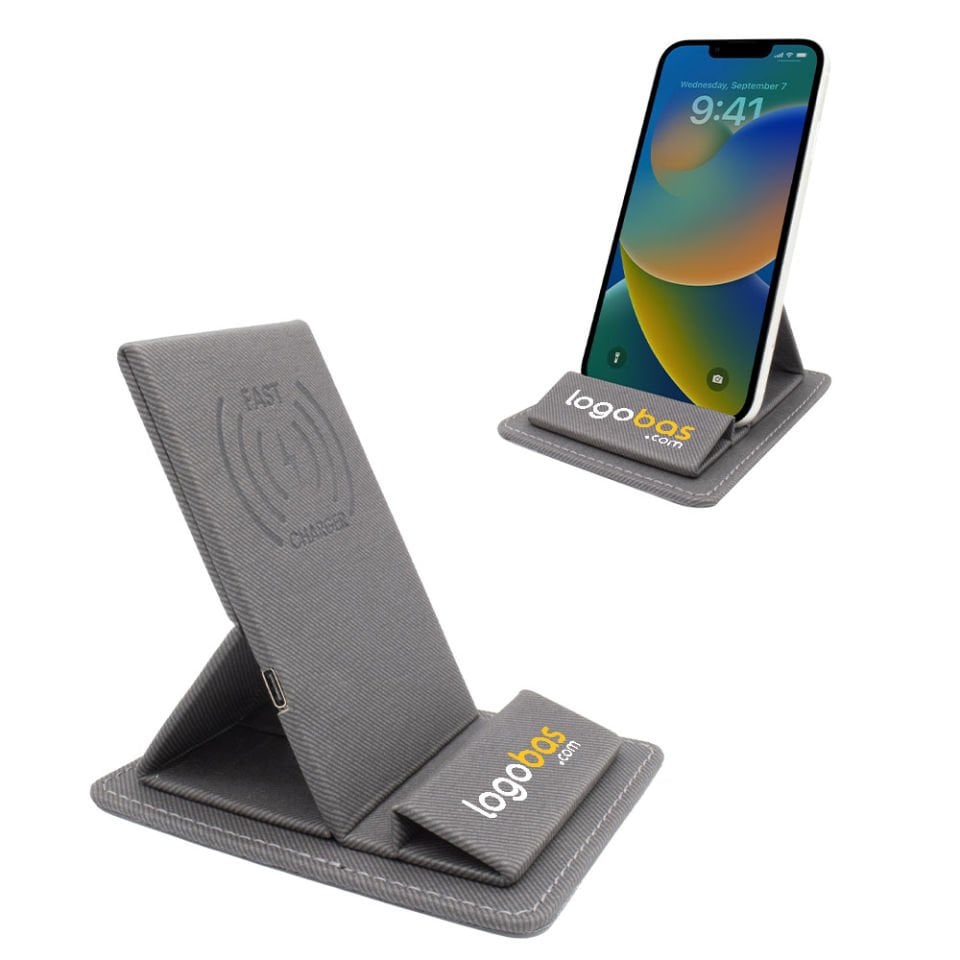 10W Kablosuz Şarjlı Telefon Standı – Füme (Logo Baskılı Promosyon Ürün)