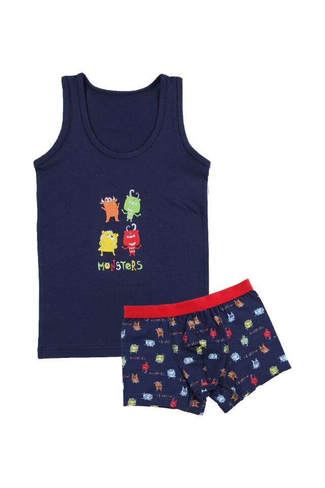 Erkek Çocuk Pamuklu Uzay Baskılı Atlet Boxer Takım 5 - 7 Yaş - Lacivert - Turuncu