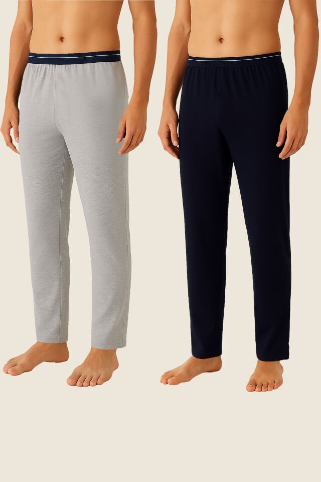 Erkek 2'li Ekonomik Lastikli Pijama Altı Gri - Lacivert - 2XL