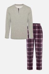 Erkek Pamuklu Uzun Kollu Önü Patlı Ekose Desenli Pijama Takımı