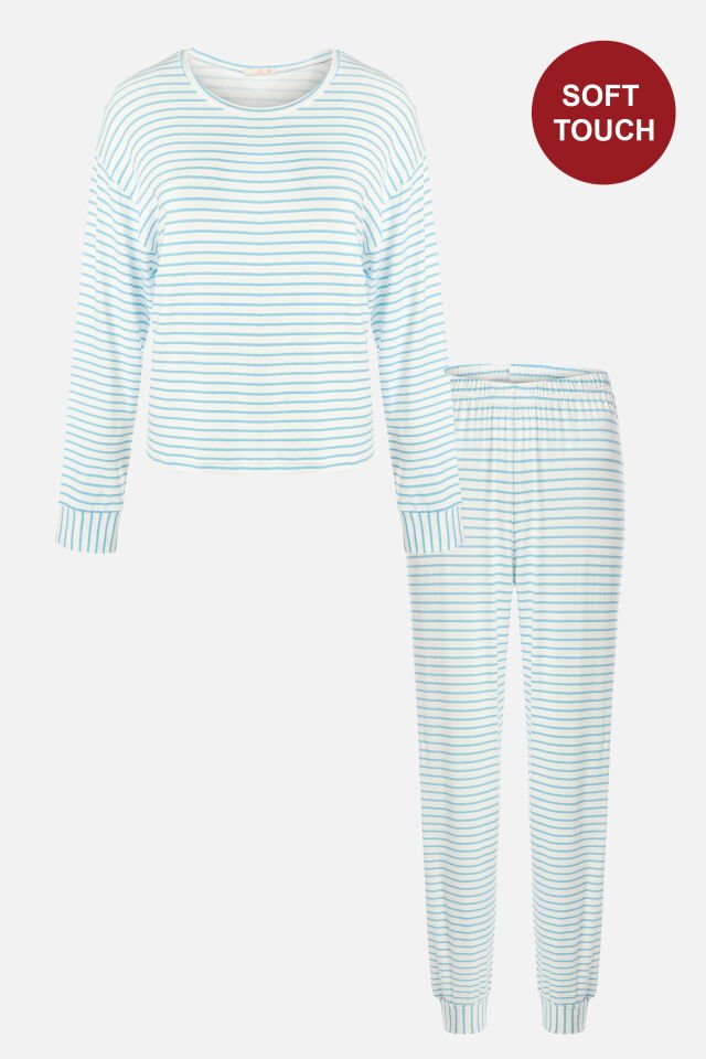 Kadın Mavi Çizgili Manşet Detaylı Jogger Örme Pijama Takımı L - Mavi - Beyaz