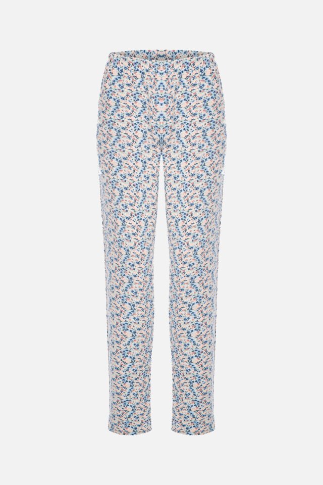 Kadın Pamuklu Basic Çiçek Desenli Uzun Kollu Pijama Takımı Mavi - XL
