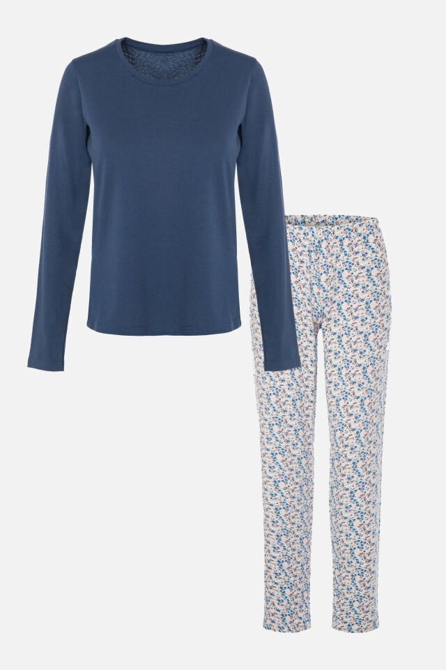 Kadın Pamuklu Basic Çiçek Desenli Uzun Kollu Pijama Takımı Mavi - XL