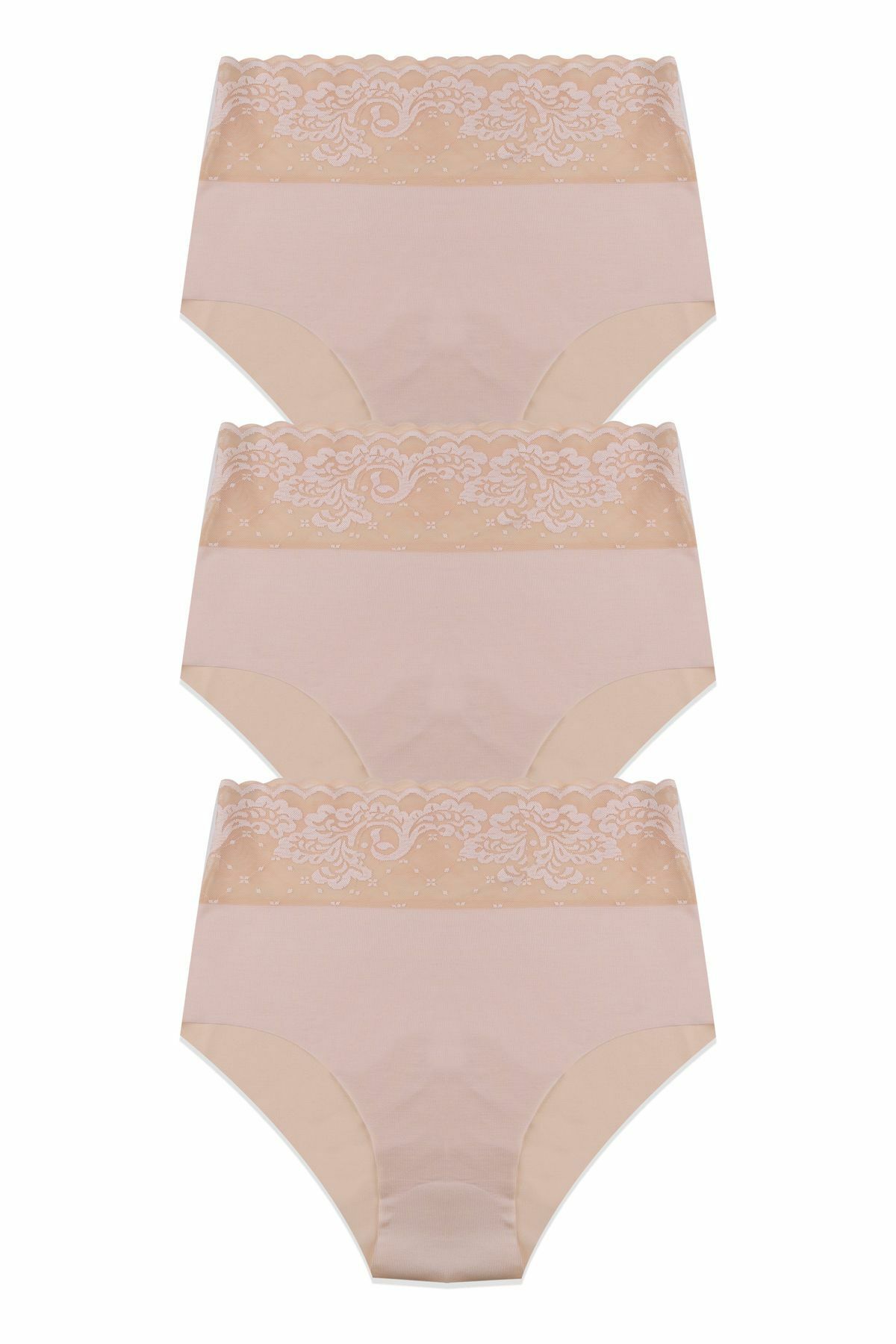 Kadın 3'lü Yüksek Bel Dantel Detaylı Külot Ten - 2XL
