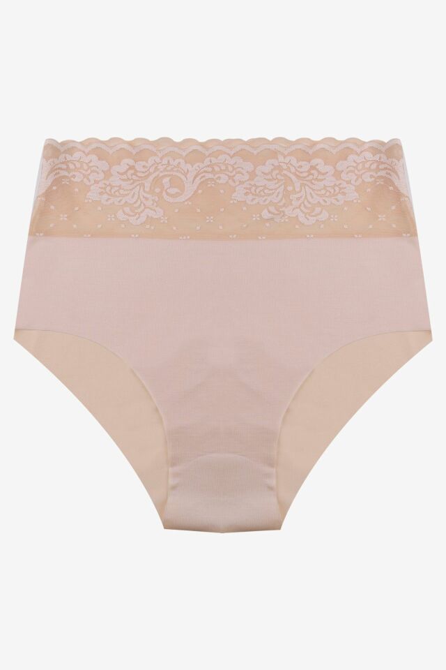 Kadın 3'lü Yüksek Bel Dantel Detaylı Külot Ten - 2XL