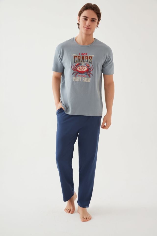 Erkek Pamuklu Kısa Kollu Baskı ve Cep Detaylı Pijama Takımı 2XL - Mavi - Turuncu
