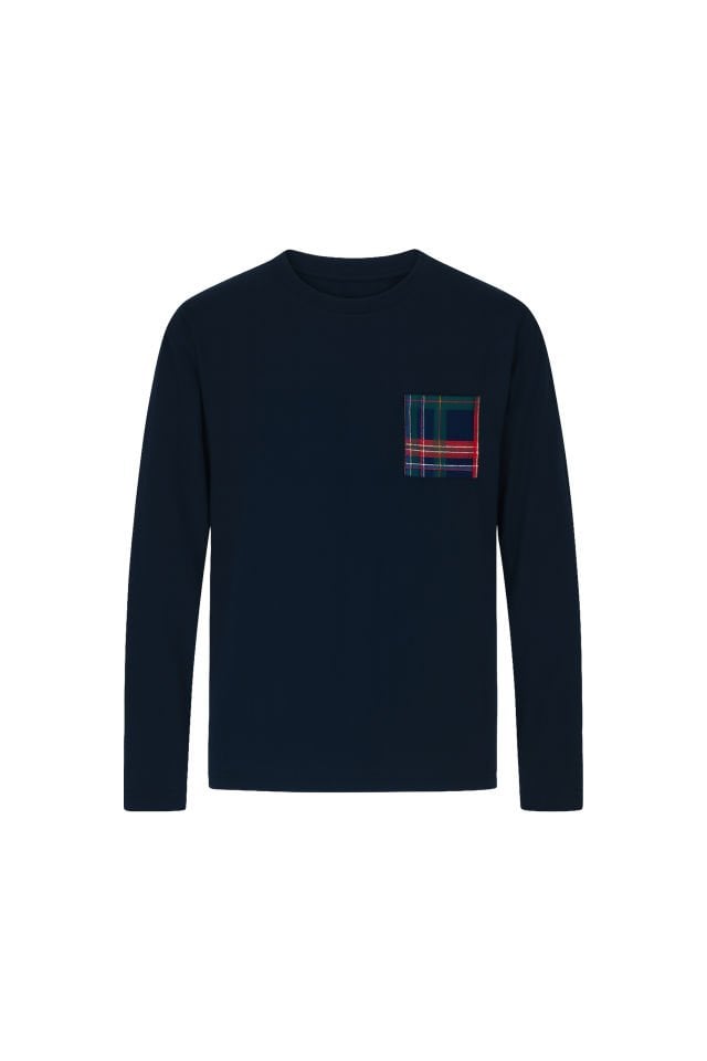 Erkek Pamuklu Göğüs Cepli Lacivert- Kırmızı Ekose Desenli Uzun Kollu Cep Detaylı Pijama Takımı 2XL