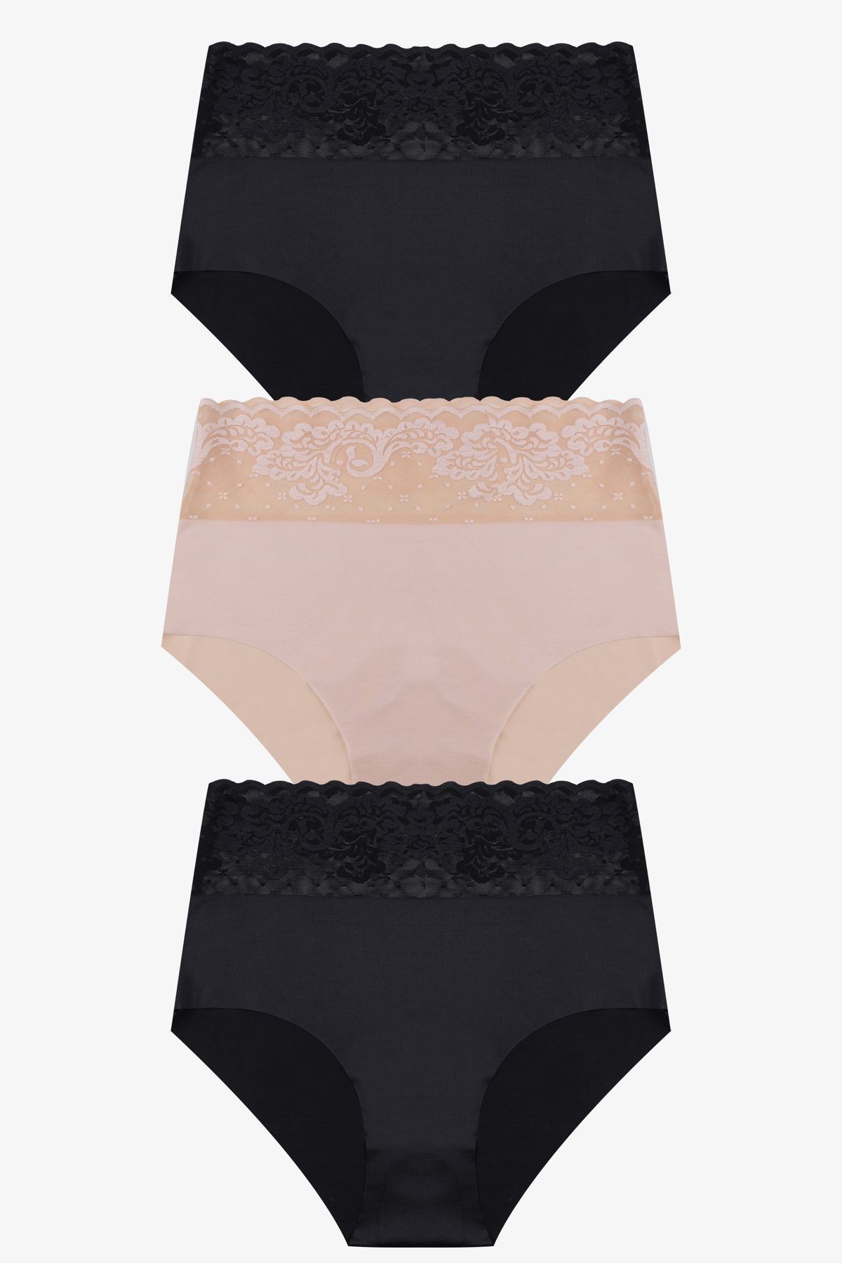 Kadın 3'lü Yüksek Bel Dantel Detaylı Külot Siyah - L/XL