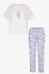 Kadın Pamuklu Mavi Çiçekli Ayıcıklı Baskılı Pijama Takımı KO70125 Mavi Çiçekli - M