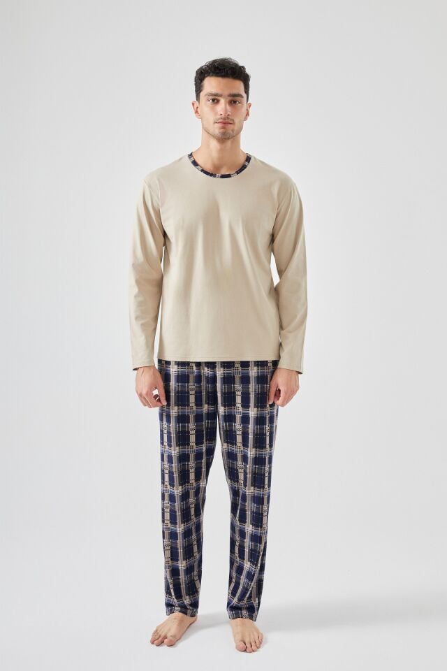 Erkek Pamuklu Uzun Kollu Ekose Desenli Cepli Pijama Takımı Krem - M