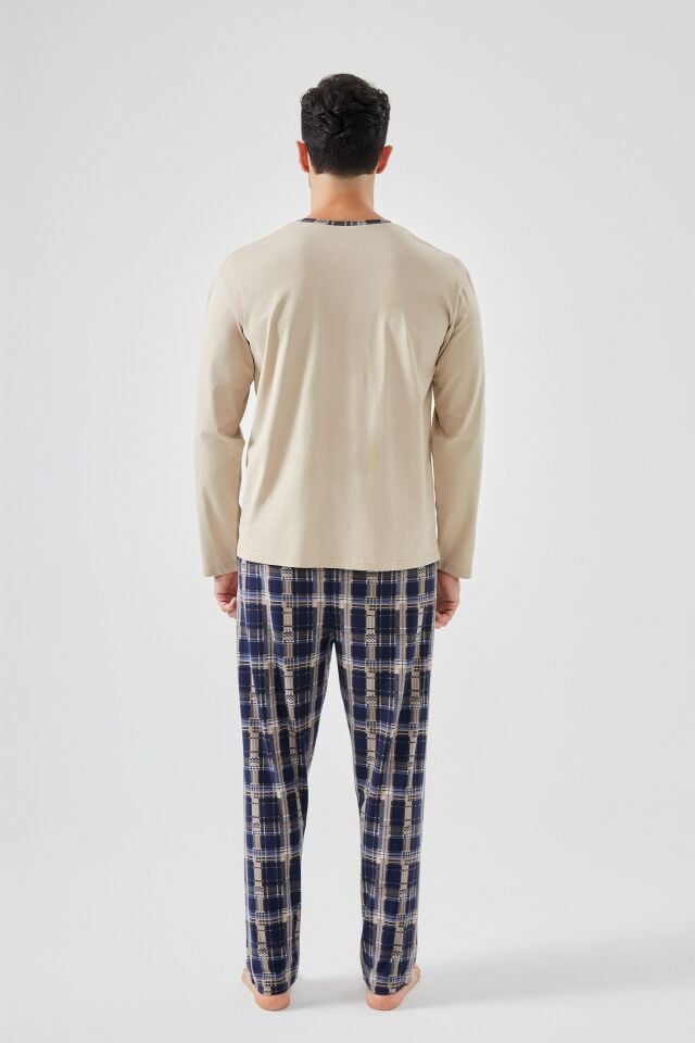 Erkek Pamuklu Uzun Kollu Ekose Desenli Cepli Pijama Takımı Krem - L