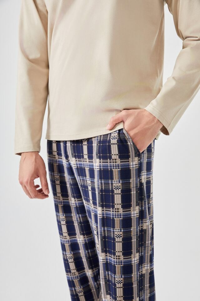 Erkek Pamuklu Uzun Kollu Ekose Desenli Cepli Pijama Takımı Krem - L