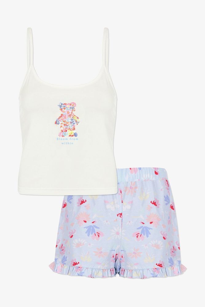 Kadın Pamuklu Mavi Çiçekli Ayıcıklı Baskılı Şortlu Pijama Takımı KO70124 Mavi Çiçekli - XL - KO70124 Mavi Çiçekli - XL