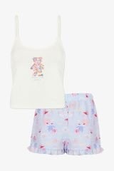 Kadın Pamuklu Mavi Çiçekli Ayıcıklı Baskılı Şortlu Pijama Takımı KO70124 Mavi Çiçekli - XL