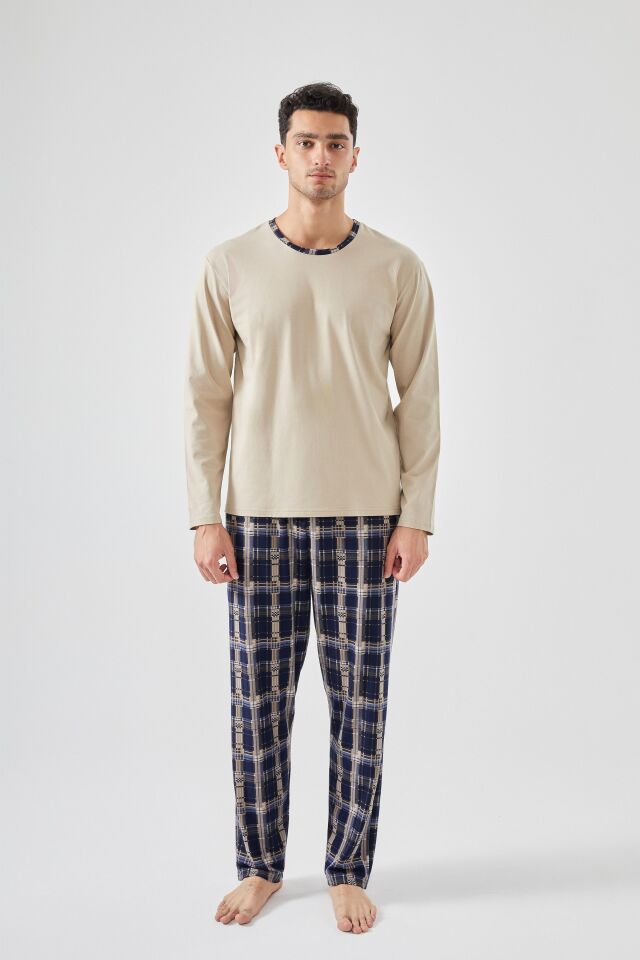 Erkek Pamuklu Uzun Kollu Ekose Desenli Cepli Pijama Takımı Krem - XL