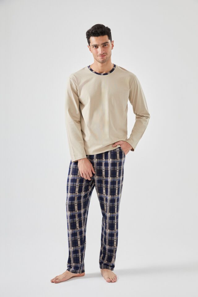 Erkek Pamuklu Uzun Kollu Ekose Desenli Cepli Pijama Takımı Krem - XL