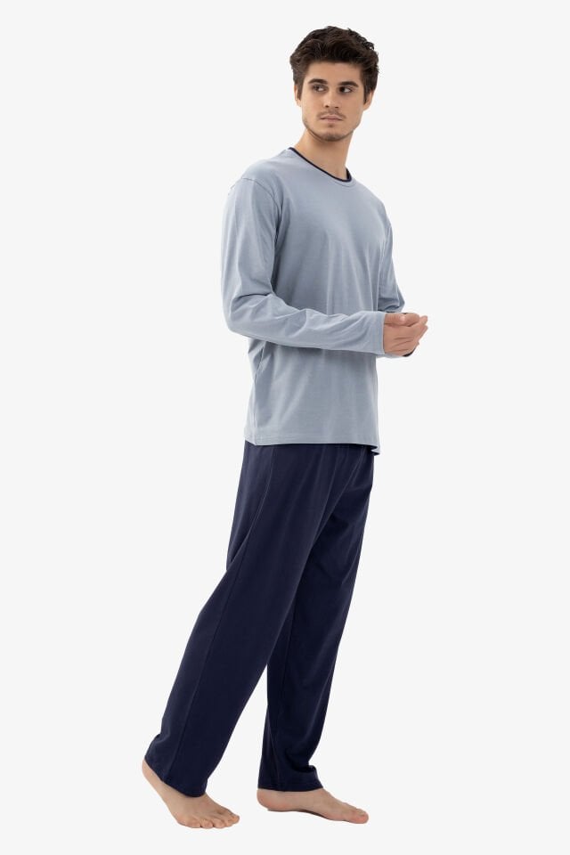 Erkek Pamuklu Double Yaka Uzun Kollu Cep Detaylı Pijama Takımı XL - Buz Mavi